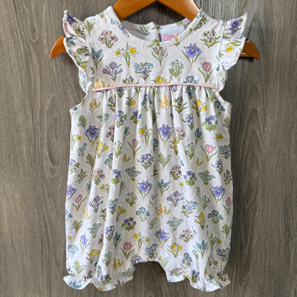 Stitchy Fish Floral Romper Girls 6M White Pink Flutter Sleeve Cottagecore Bubble